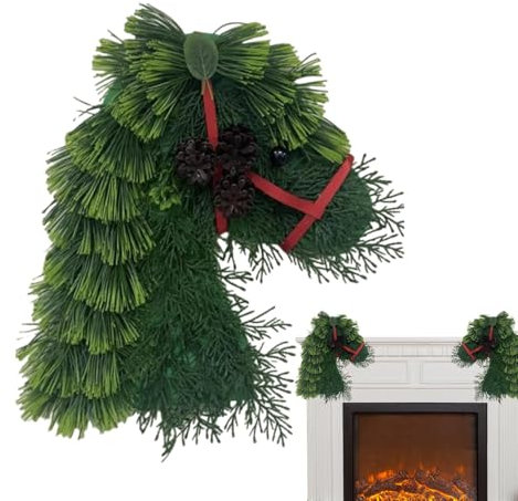 Ruwshuuk Pferdekranz, Weihnachtskranz, Pferdeköpfe, Türkranz, Haustürkranz, Outdoor-Weihnachtskranz, Weihnachtsgrün, saisonale Dekoration für Weihnachten