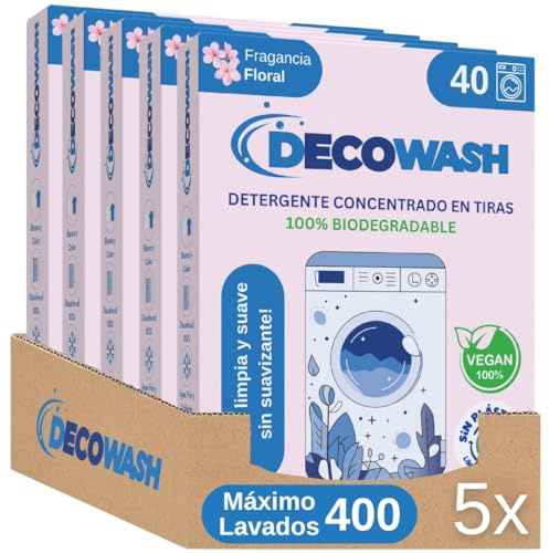 Detergente en Tiras para Lavadora (Máximo 400 Lavados) - Efecto Suavizante, Ecológico, Hipoalergénico, Vegano y Cruelty Free - Ropa limpia y suave - Pack de 5 Unidades (Floral)