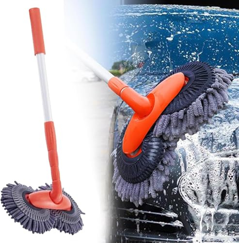 Rotating Car Wash Mop with Microfiber Heads, Telescopic Long Handle for Windshield Cleaning, Car Detailing, and Caravan Accessories – Effortless Car Cleaning Tool (1 pcs)