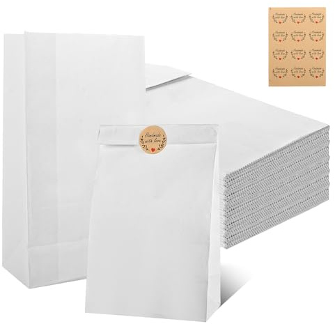 WOPPLXY 200 PCS Kraft Bags with Stickers- White Paper Bags for Food 24 x 13 x 8CM - Paper Lunch Bags for Sandwich, Snacks, Fruits