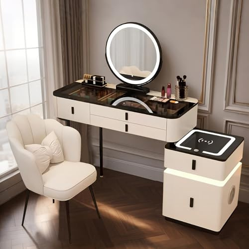 Große Schminktisch 100CM/80CM, Kosmetiktisch mit Spiegel 3 Einstellbare Helligkeiten, Frisiertisch mit Schubladen und Speichertischbeine Make up Tisch Set Schminktisch (Weiß + Schwarz, 100cm)