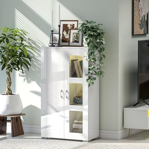 HOMCOM High Gloss Sideboard, Display Cabinet with 16-Colour RGB LED Lights and Remote Control, Modern Storage Cupboard with Glass Doors and Shelves for Living Room, Dining Room, Kitchen, White