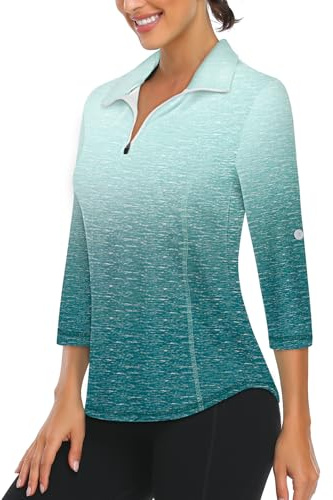 LURANEE Ladies Golf Shirts,Quarter Zip Workout Shirts Ladies Elbow Sleeve Yoga Tennis Tops Lightweight Zipper V Neck Quick-Dry Hiking Clothes Ombre Green White M