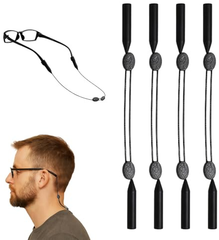 Cordón Gafas - Correa para Gafas de Deporte (Lote de 4) - Cordón Elástico y Ajustable para Hombre y Mujer - Sujeción Antideslizante, Universal para Todo Tipo de Gafas - Material TPU - Negro - 40cm