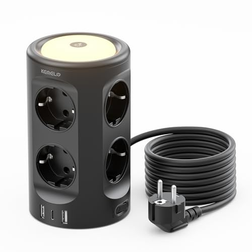 Torre Regletas Enchufes, Regleta USB 8 Tomas de AC y 3 USB, 3M Torre Enchufes Vertical con luz Nocturna y Interruptor,Regleta Enchufes Proteccion Sobretension, Enchufe Multiple para Mesa, Oficia, Casa