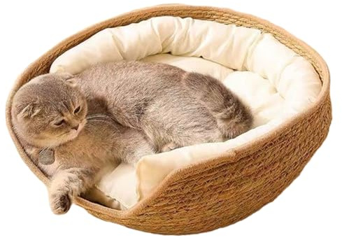 Comebachome Lit Panier pour Chat 17 Pouces lit pour Chat Rond en rotin avec Coussin en Coton nid de Couchage Lavable résistant aux Rayures, Heimdekorationen