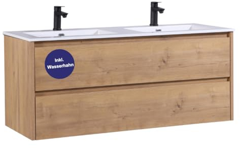 Kometmöbel Doppelwaschtisch 120 cm Waschbecken mit Unterschrank Vormontiert (Eiche 120cm, Mit Wasserhahn Schwarz)