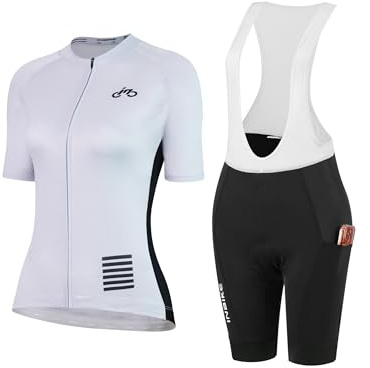 INBIKE Fahrradtrikot Set Damen Bib Shorts Gepolstert + Fahrradtrikot mit 3 Taschen Kurzarm Fahrradbekleidung Radtrikot Fahrradhose Kurz Radlerhose Sommer Atmungsaktiv Schnelltrocknend Lila M