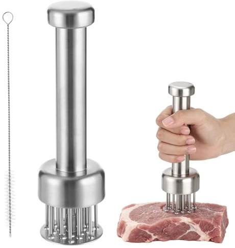 Skdqiee Stainless Steel Meat Tenderizer Tool, 21 Sharp Needles Auto Rebound Meat Piercing Tool for Steak Beef Chicken Pork, Tenderizer for BBQ Cooking Marinating Prep with Cleaning Brush