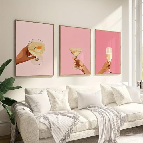 3er Poster Set,Rosa Cocktail Cheer Leinwanddruck Poster,Moderne Minimalistische Kunst Bilder,für Bar Wohnzimmer Restaurant Wanddekoration,Ohne Rahmen (50x70cm)