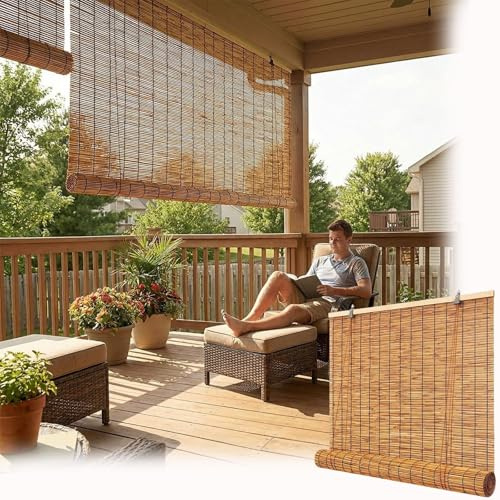 Outdoor Rollo Wetterfest, Sonnenschutz Rollo Außen, Aussenrollos Wetterfest Balkon Sichtschutz, Bambusrollo Outdoor Wetterfest Schilf Vorhang Für Aussen Raffrollos Natur(W160cm x H185cm)