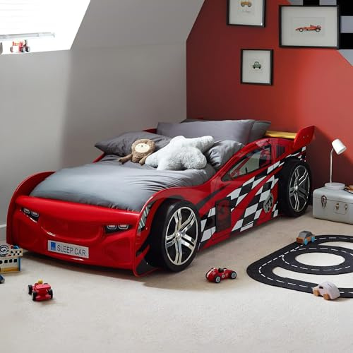 Julian Bowen Scorpion Kids Bed, Single, Race Car Red - H60 x W111 x D220cm | Unique Racing Car Themed Children's Bed, 3ft/90cm, Realistic Feature Wheels, Built-in Guard Rail Sides, Sleek & Glossy Look