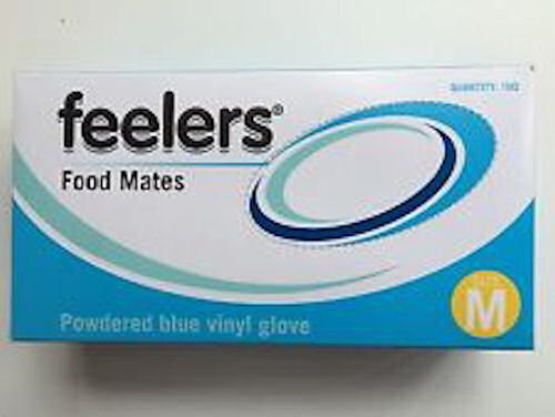 100 (1 box) Disposable Gloves Powder Free Blue Vinyl Feelers Food Mates (Medium)