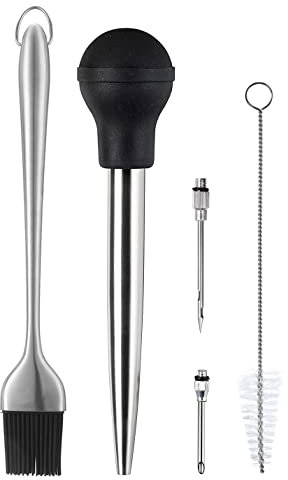 Kaycrown Bratenspritze Edelstahl mit Grill-Bratenpinsel, FDA Gummiball in handelsüblicher Qualität, Gewürznadel und Pinsel zur einfachen Reinigung