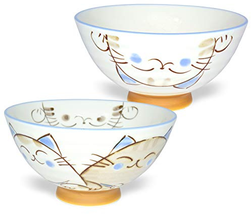 Japanese Handcrafted Rice Bowl, Authentic Mino Ware Pottery, Calico Cat Motif Design, MIKE Blue Chawan, set of 2 | Handcrafted Authentic Mino Ware Pottery