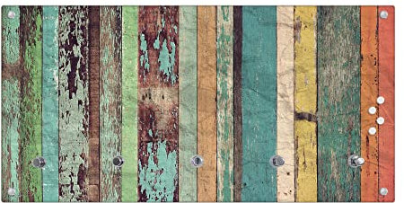 banjado® Wandgarderobe aus Echtglas/Design Garderobe 80x40x6 cm groß/Flurgarderobe mit 5 Haken/Magnetisches Garderobenpaneel Motiv Bunte Bretterwand