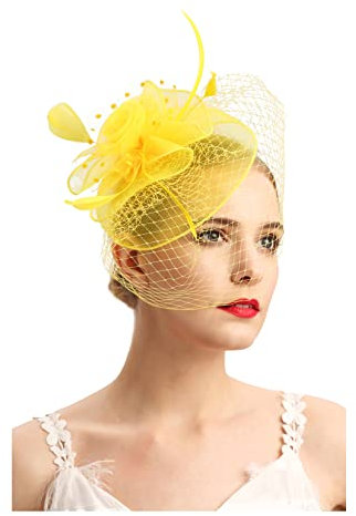 Fascinator-Hut, 20er-/50er-Jahre-Hut, Pillbox, Hut, Cocktail, Teeparty, Kopfbedeckung mit Schleier für Mädchen und Frauen, D-gelb, Einheitsgröße