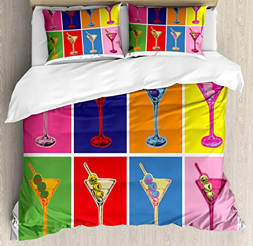 ABAKUHAUS Alcohol Duvet Cover Set, Colorful Martini Glass, Bedding Set 3 Pieces with 2 Pillow Shams, 230 x 220 cm - 70 x 50 cm, Multicolor