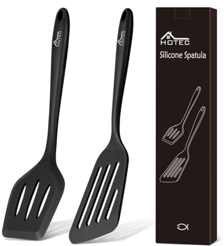 Hotec - Set di 2 spatole in silicone per uso alimentare, con intaglio per pesce, utensili da cucina, resistenti al calore, antiaderenti, resistenti al calore, con anima in acciaio inox resistente