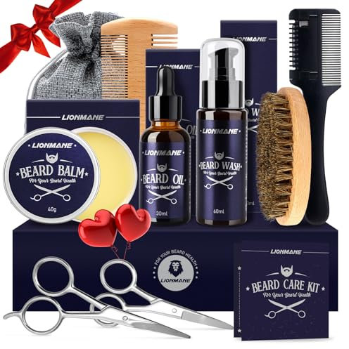 Beard Care Kit for Men, Father’s Day Gifts for Dad, LIONMANE Beard Grooming Kit-Beard Balm,Beard Wash & Oil,Comb,Brush,Scissors, Hair Thinning Comb,Anniversary Birthday Gifts for Him/Husband/Boyfriend