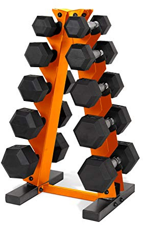 CAP 150 LB Rubber Coated Hex Dumbbell Hand Weight Set with Vertical Storage Rack - Chrome Handle | Orange Rack