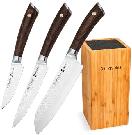 3 Claveles Juego de 3 Cuchillos Profesionales con Hoja Martilleada y Taco de Madera (3X Sakura Plus)
