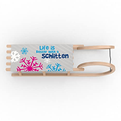 Vispronet Hörnerschlitten Classic, 2-Sitzer, 2x90 kg, Verschiedene Motive, für Kinder und Erwachsene, für Freizeitspaß,Werbung und Dekoration, Größe 110 x 33 x 38 cm (Life is Besser with a Schlitten)