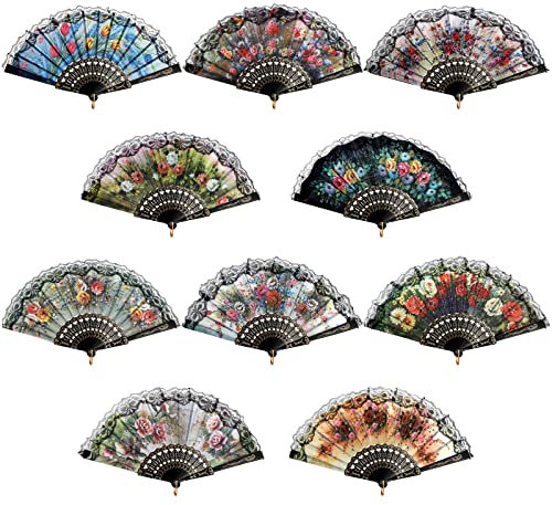 Coloch 10 Pack Spanish Floral Folding Hand Fan with Plastic Side, Vintage Handheld Folding Fan with Retro Patterns for Wedding, Dancing Party, Cosplay, Fancy Gift, Wall Decoration, Random Pattern