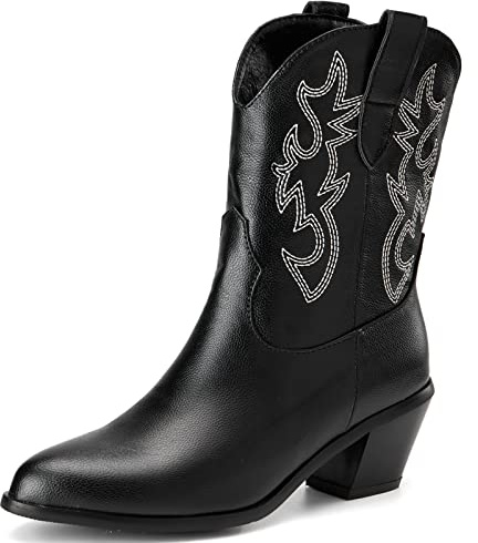 Mo Joc Fashion damer kort skaft/ankel/mitten vadcowboystövlar med blockklackar och spets tå västerländska stövlar, svart, 35 EU
