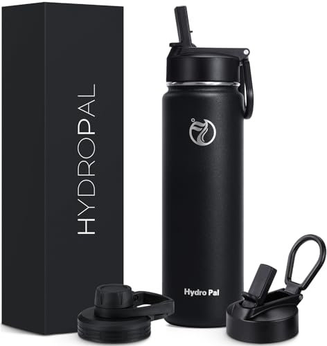 HydroPal Edelstahl Trinkflasche - 750ml, 1L, 1,2L, BPA-Frei, Kohlensäure geeignet, Isolierte flasche mit Strohhalm & 2 Deckel, Auslaufsichere Isolierflasche für Sport (Schwarz, 750 ml)