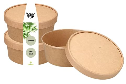 DeinPack 300 Salatschalen 1300ml | to go Schalen mit Deckel braun rund I Recycelbare Schalen Kraftkarton | Salatbowl mit PLA Innenbeschichtung I Kraft Deckel