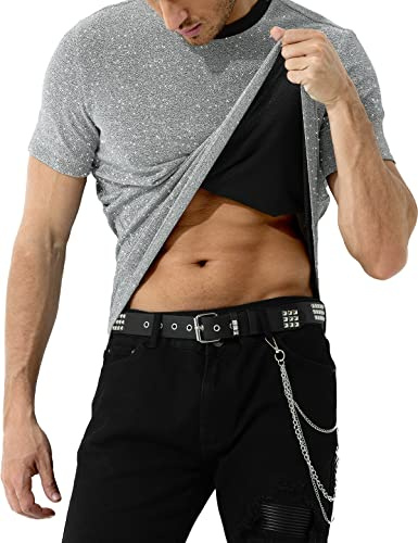 Casey Kevin Sexig Sequin T-shirt för Män Glitter Kortärmad Skjorta Toppar med Glitter för Klubbfest