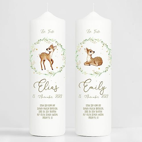Wandtattoo Loft Taufkerze für Zwillinge Kerze zur Taufe oder Geburt mit Rehkitz im Kranz aus Gräsern mit Namen Datum Taufspruch, 2 Taufkerzen 25x7cm