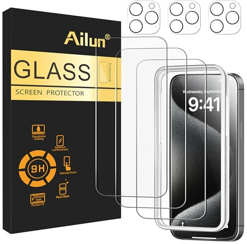 Ailun 3 Pack Screen Protector for iPhone 15 Pro Max [6.7 inch] + 3 Pack Camera Lens Protector with Installation Frame,Sensor Protection,Dynamic Island Compatible,Case Friendly Tempered Glass Film