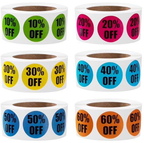 Newellsail Etiquetas Promocionales 2,5 cm Pegatinas de Descuento Autoadhesivas 10%-60% Porcentaje Descuento Pegatinas de Venta para Supermercados Minoristas 3000 Piezas 6 Rollos
