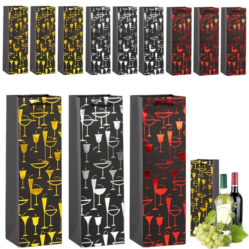 COSORO Sac Bouteille Vin Papier Kraft avec Poignée,12 Noir Sacs Cadeau pour Emballage Vin,Recyclables Qualité Supérieure Sac Papier Kraft Champagne Whisky pour Noël Mariage Fête Anniversaire