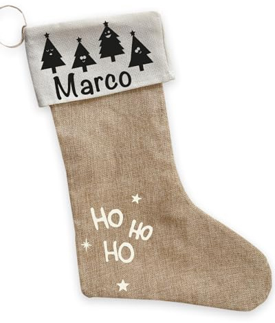 Nikolausstrumpf | Weihnachtsstrumpf | Personalisiert mit Name Motiv: Lustige Weihnachtsbäume | Jute Nikolaussocke einfach Befüllen und Aufhängen Beutel mit Namen zum Nikolaus
