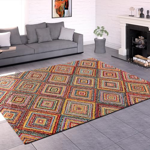 Paco Home Teppich Wohnzimmer Schlafzimmer Kurzflor Ethno Design Geometrisches Muster Rauten Motiv Moderne Deko, Grösse:200x290 cm, Farbe:Bunt 2