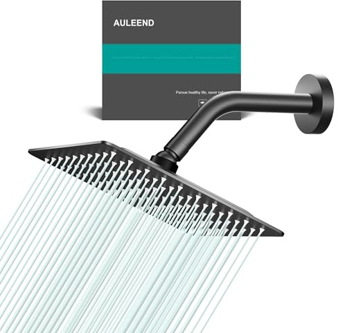 AULEEND - Cabezal de ducha de lluvia cuadrado de acero inoxidable de alto flujo, diseño de alta presión, impresionante experiencia de ducha incluso con bajo flujo de agua (8 pulgadas, negro mate)