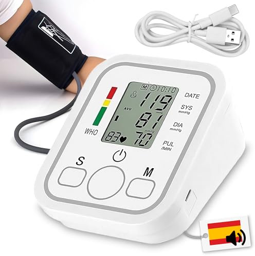 Maxter Tensiometro de Brazo Digital con VOZ en ESPAÑOL ON/OFF y Cable USB 1m (Sin Batería) Medidor Tension Arterial y Frecuencia Cardíaca - Monitor de Presión Arterial con Manguito y Memoria 2x99