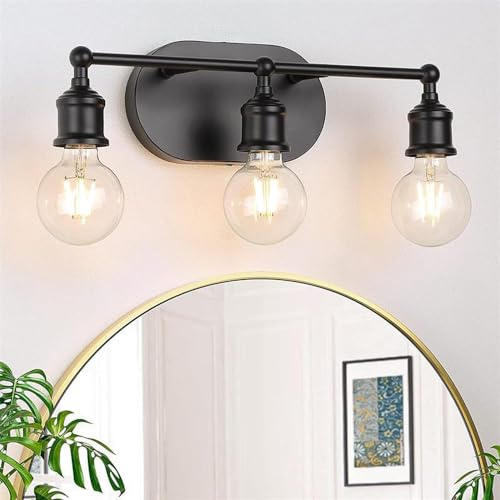 Mengjay Aplique Espejo Baño Vintage con 3 Luces,Lámpara de Pared Industria Vintage,E27 Aplique de Pared Interior Metal,Luz de Pared para Dormitorio Salon Pasillo Baño (Negro)
