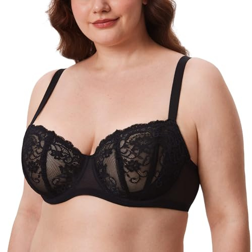 DELIMIRA Women's Balconette Lace Plus Size Sexy Bras Black 42D
