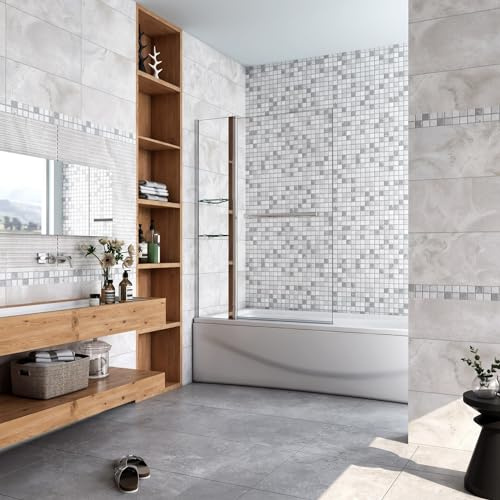 Pare-baignoire 100cm pivotant vers l'extérieur ou l'intérieur en verre trempé clair Hauteur 140cm écran de douche avec 2 étagères