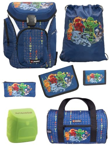 Familando - Schulranzen Set 7-teilig mit Sporttasche - Ninjago Blau - Ergonomisch, stabil & mit gepolstertem Rücken - 1250g leicht mit 16L Volumen - wasserabweisend und mit Reflektoren - Ab 1. Klasse