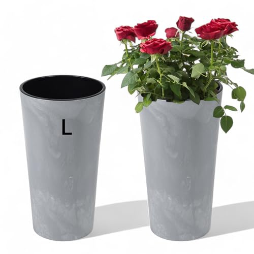 MELTOM Blumentopf Rund Hoch Betonoptik Grau 47 cm mit Pflanzeinsatz | Kunststoff, 21 L Volumen, herausnehmbarer Innentopf 9,5 L, matte Steinstruktur, Innen- und Außenbereich, wetterfest