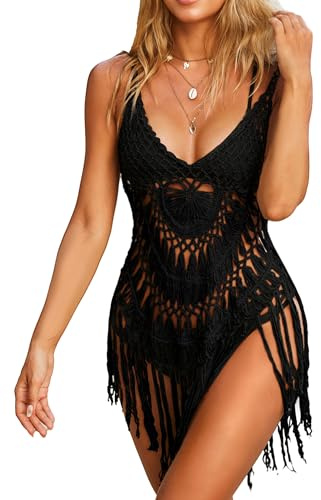 Ekouaer Vestido de Playa para Mujer con Flecos Ahuecado para Cubrir Bikini Sexy de Verano Sin Mangas Tejido a Crochet Minibañador Negro L
