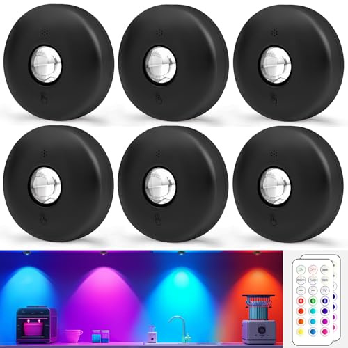 WUYOR LED Schrankbeleuchtung kabellos mit Fernbedienung, RGB Unterbauleuchte batteriebetrieben & dimmbar, 13 Farben, Timer, Magnetbefestigung, LED Licht für Küche, Kleiderschrank, 6 Stück, Schwarz