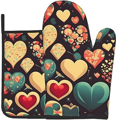 WZYWHJ Set di guanti da forno e presine a forma di cuore schiacciato, per cucinare, forno a microonde, grigliate, resistenti al calore, con cordino