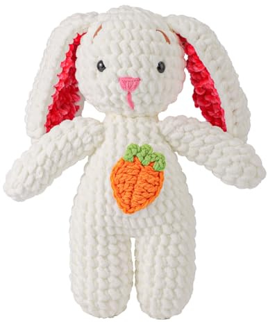 TOYMIS Positiv Gehäkelter Hase, 27cm Handgefertigt Gehäkelte Hasenpuppe mit Karotte Süß Emotionale Unterstützung Gestricktes Hasenspielzeug Ermutigung Ostergeschenke Weihnachtsdekoration