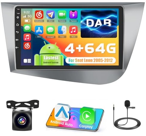 Inefala 4G+64G 9'' Android 15 Autoradio pour Seat Leon 2005-2012 | Radio avec sans Fil Carplay Android Auto DAB Lien Miroir Radio FM/RDS HiFi WIFI Bluetooth GPS 59 UI SWC